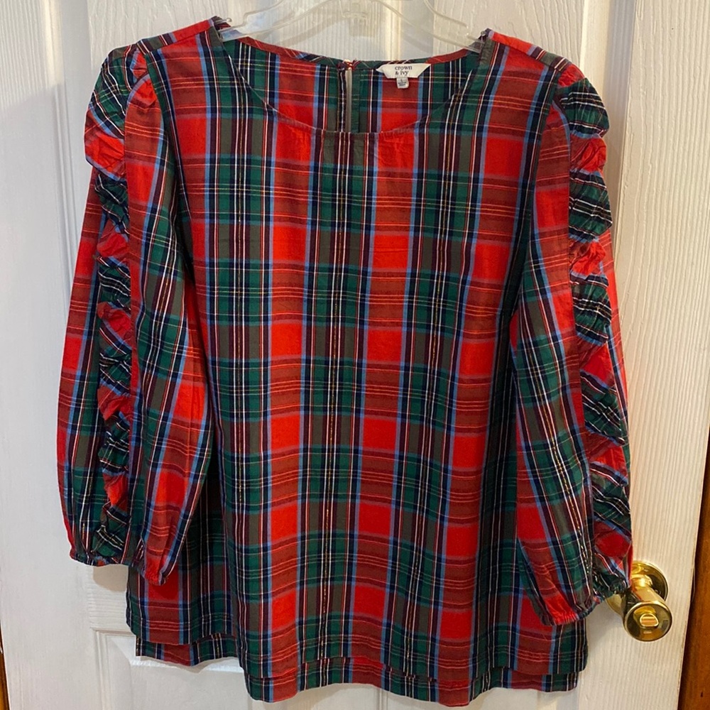 crown & ivy Red and Green Plaid Ruffle Sleeve Blouse